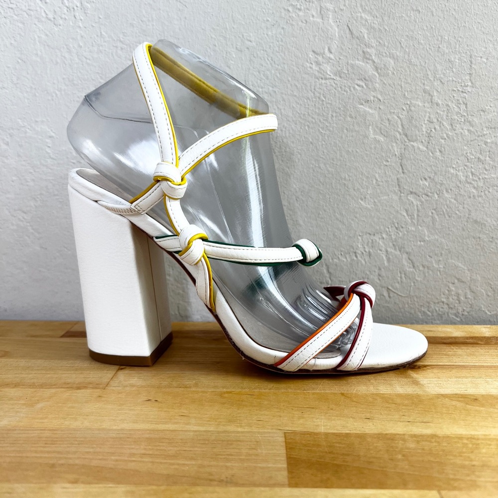 RAYE Delilah Rainbow White Strappy Block Heel Sandals Multi Color Knot Size 8